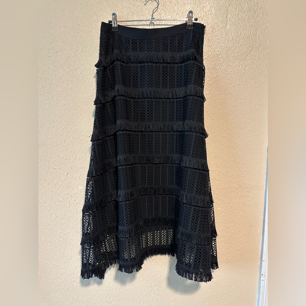 NWOT Pearl by Lela Rose Mesh Tiered Skirt with Fringe Size 4‎